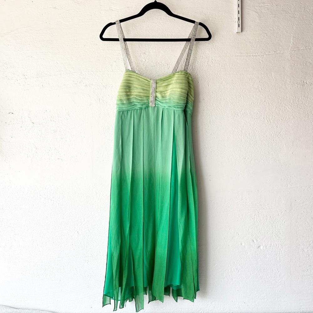 VINTAGE Y2K Sangria Green Silk Ombré Handkerchief Dress with Rhinestone Straps